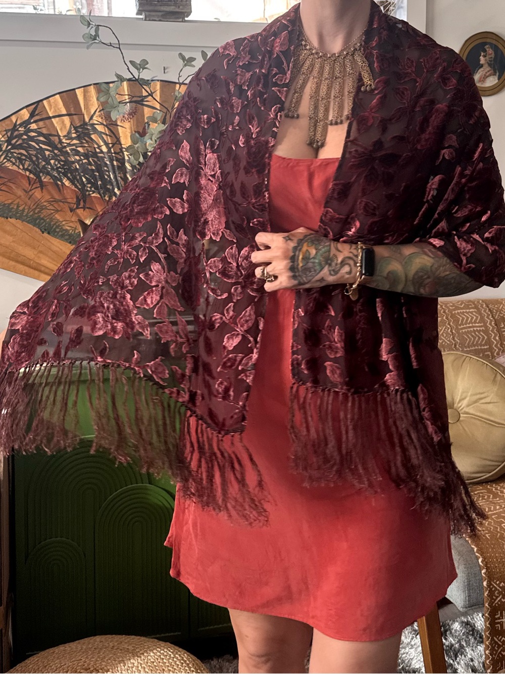 Beautiful vintage 100% silk scarf shawl with fringe and burnout velvet floral